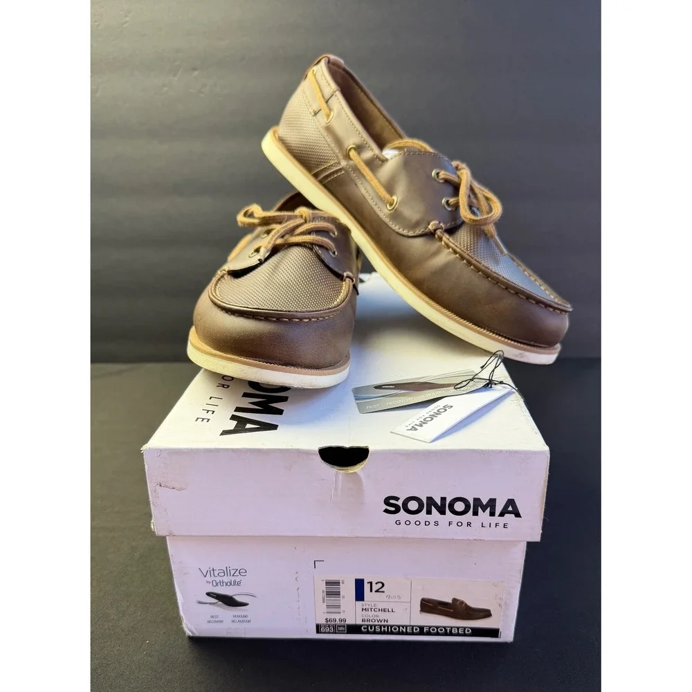 Sonoma Mitchell Boat Shoes Sz 12 Brown Ortholite Cushioned Nautical Deck Loafer